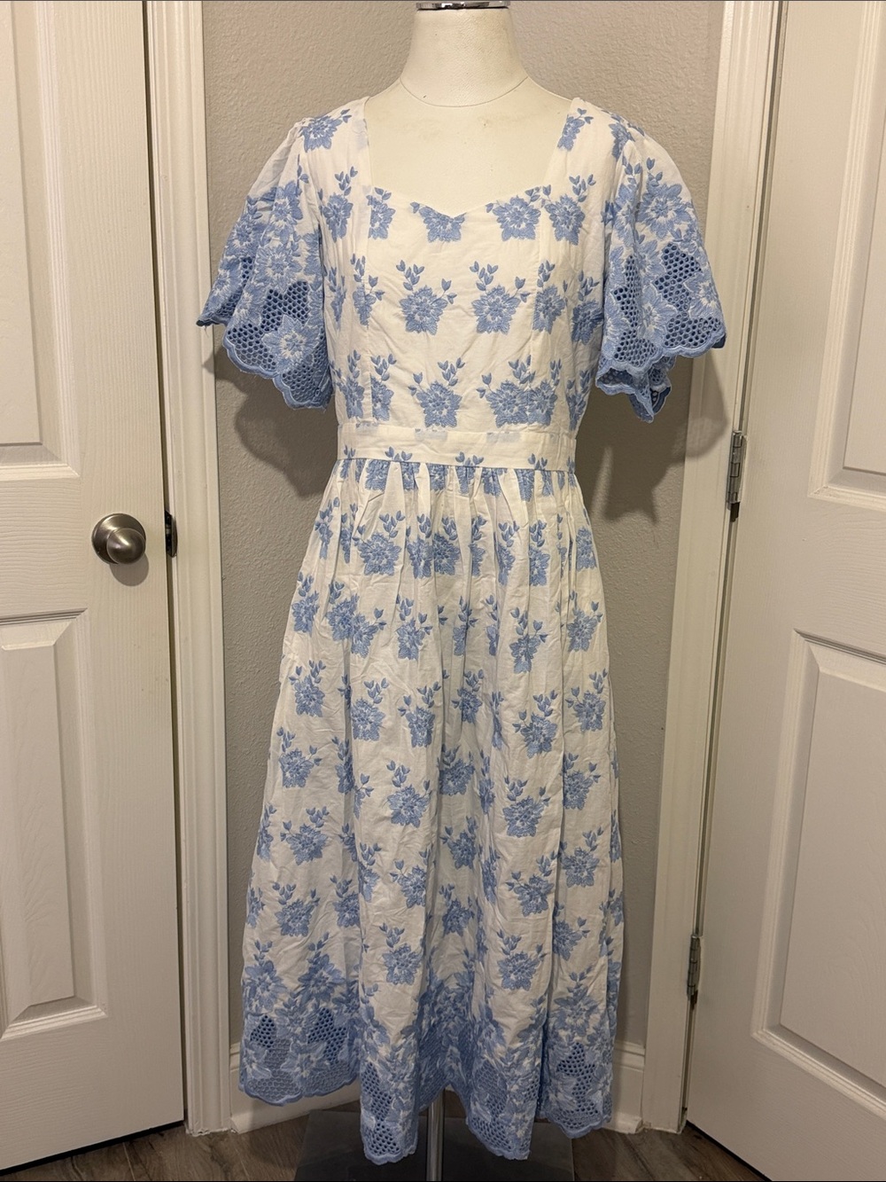 Ivy City Co White Midi Dress Light Blue Floral Embroidery Cottagecore Tea Party